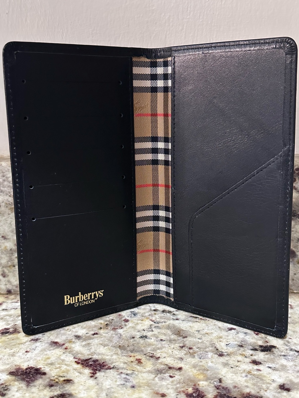 Vintage 90s Burberrys Black Leather Long Agenda Cover Nova Check Wallet COA